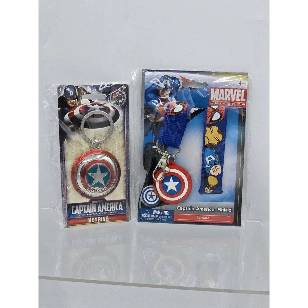 2 Lot Marvel Captain America Shield Pewter Key Ring NEW SEALED &‎ Lanyard!